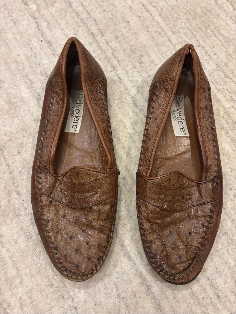 Belvedere Brown Ostrich-Texture Penny Loafers